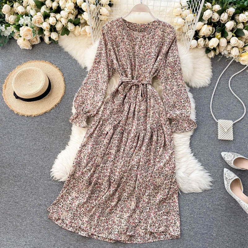 Floral Dress Long Sleeve O Neck A-line Bohemian Print Romantic Holiday Dress