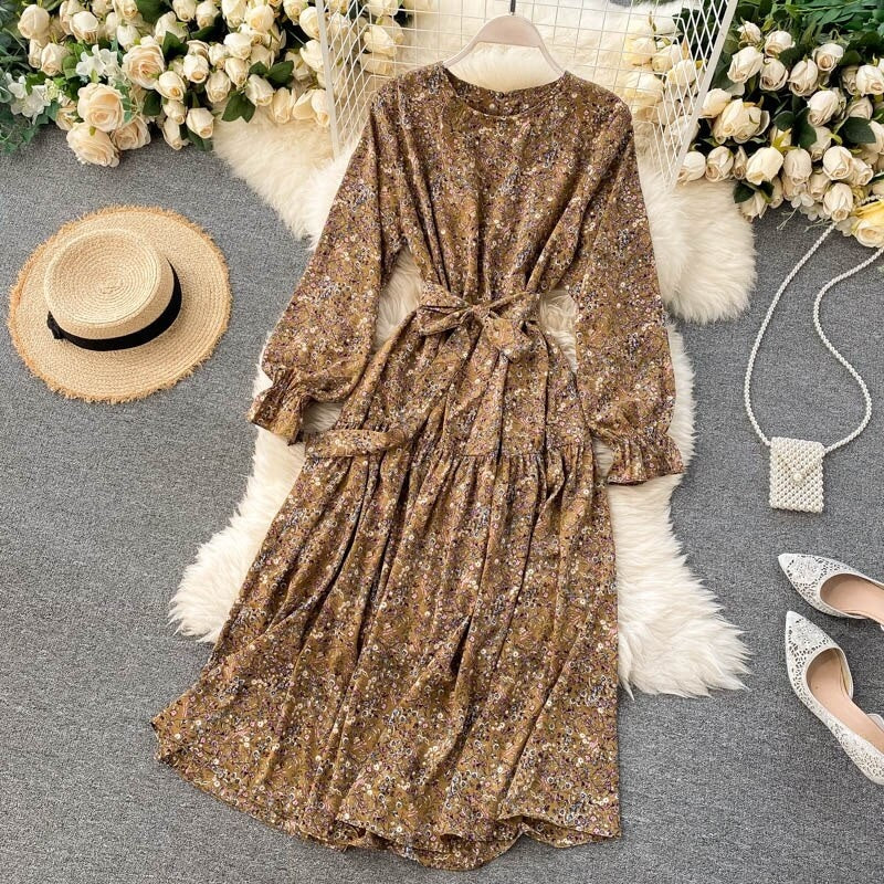 Floral Dress Long Sleeve O Neck A-line Bohemian Print Romantic Holiday Dress