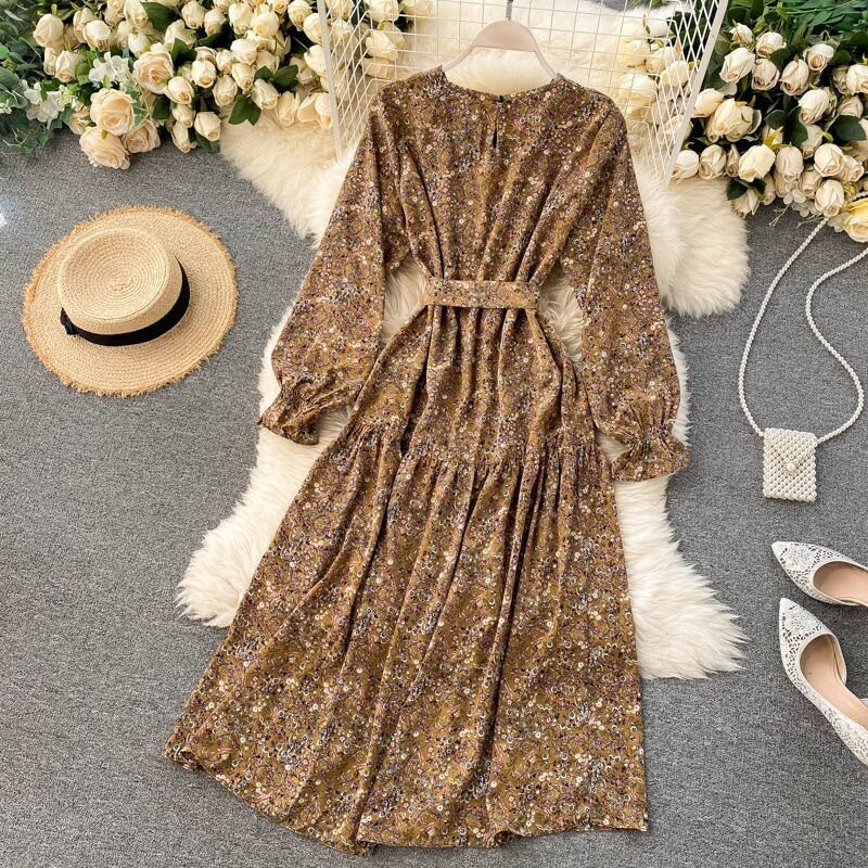 Floral Dress Long Sleeve O Neck A-line Bohemian Print Romantic Holiday Dress