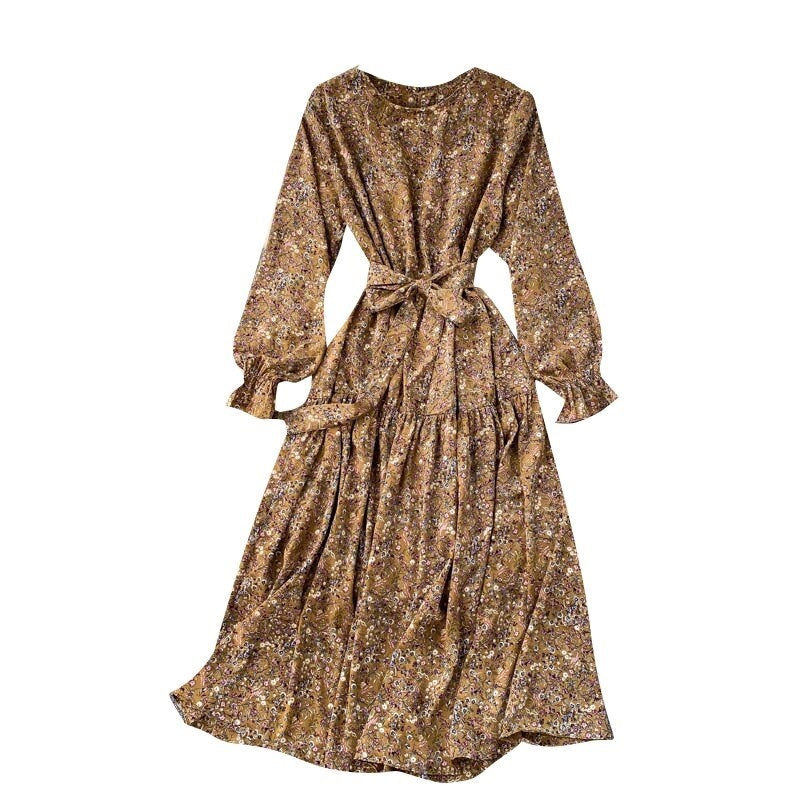Floral Dress Long Sleeve O Neck A-line Bohemian Print Romantic Holiday Dress