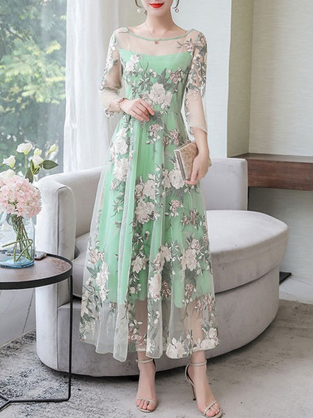 Floral Embroidered Long Sleeves Maxi Dress