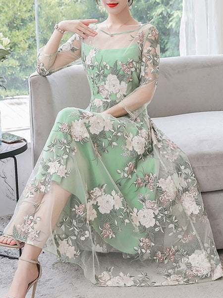 Floral Embroidered Long Sleeves Maxi Dress