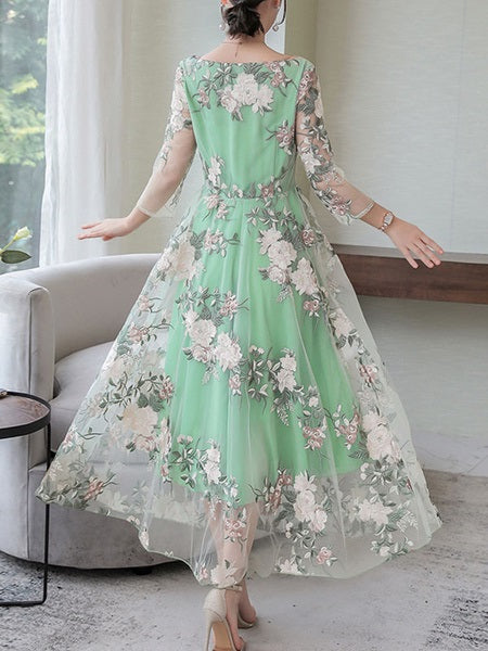 Floral Embroidered Long Sleeves Maxi Dress