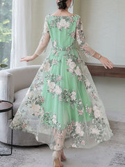 Floral Embroidered Long Sleeves Maxi Dress