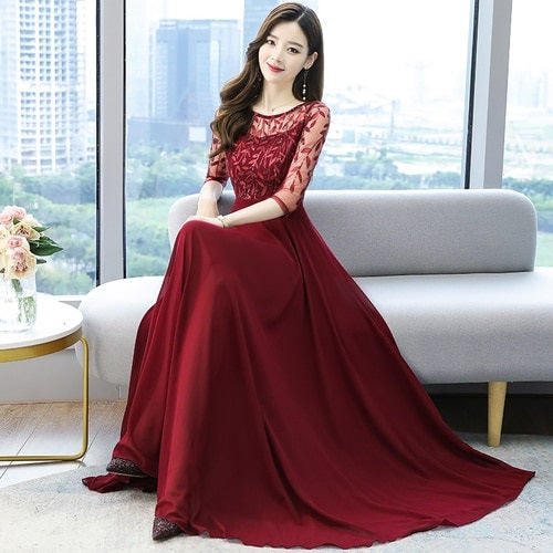 Floral Hollow Out Chiffon Long Evening Party Maxi Dresses