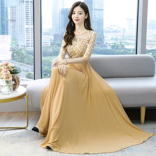Floral Hollow Out Chiffon Long Evening Party Maxi Dresses