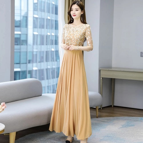 Floral Hollow Out Chiffon Long Evening Party Maxi Dresses