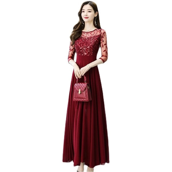 Floral Hollow Out Chiffon Long Evening Party Maxi Dresses