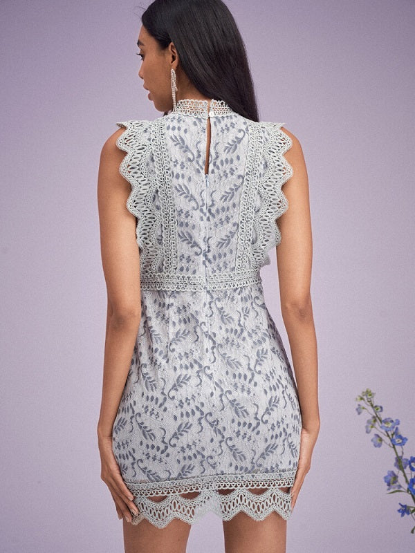 Floral Hollow Sleeveless Keyhole Back Stitch Lace Dress