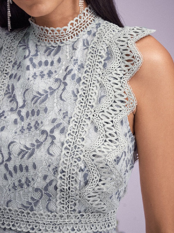 Floral Hollow Sleeveless Keyhole Back Stitch Lace Dress