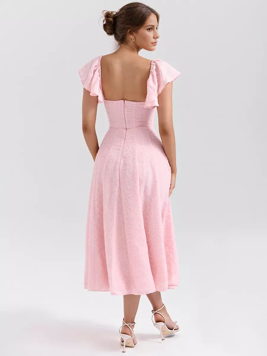 Floral Jacquard With Butterfly Sleeve A-line Midi Party Dress