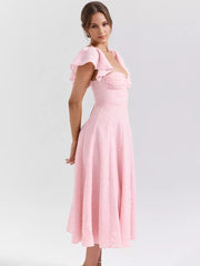 Floral Jacquard With Butterfly Sleeve A-line Midi Party Dress