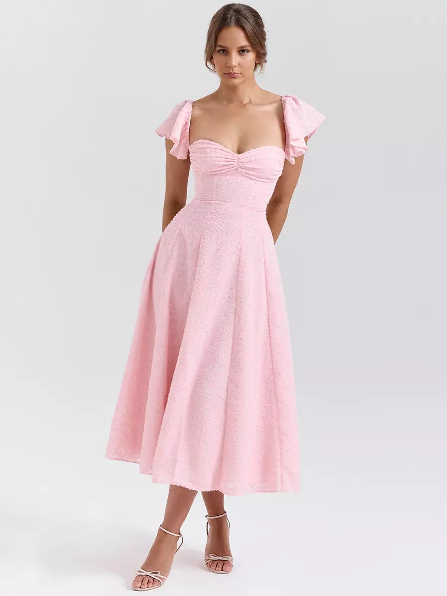 Floral Jacquard With Butterfly Sleeve A-line Midi Party Dress