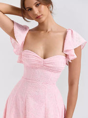 Floral Jacquard With Butterfly Sleeve A-line Midi Party Dress