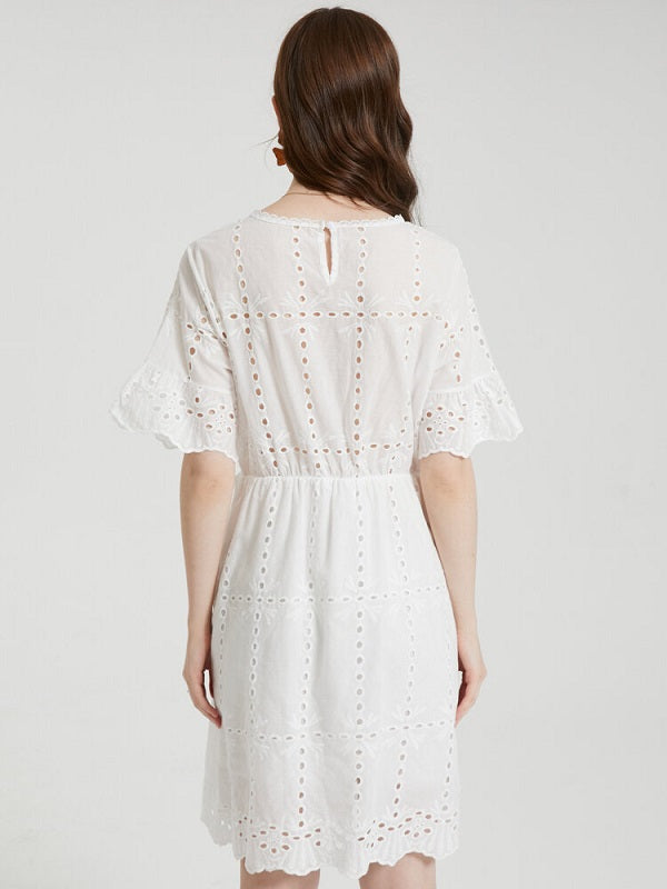 Floral Lace Embroidery Hollow Crew Neck Casual Dress
