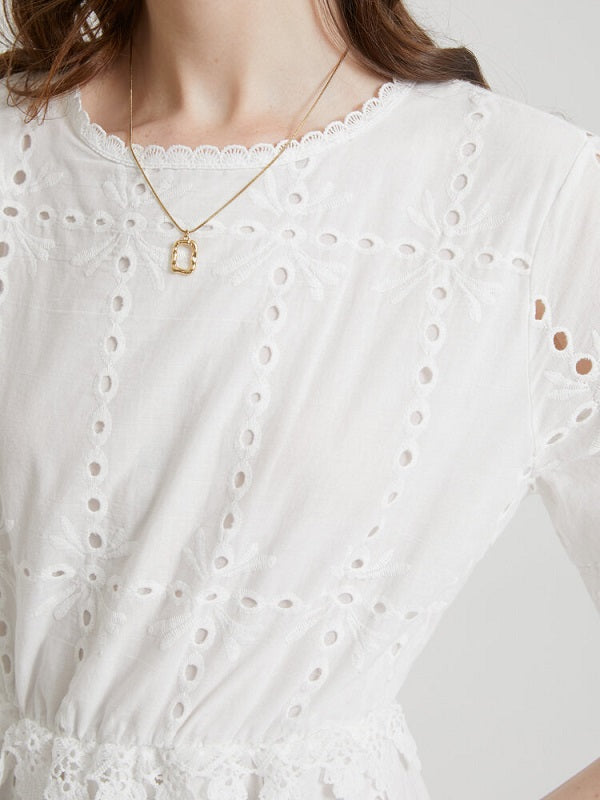 Floral Lace Embroidery Hollow Crew Neck Casual Dress