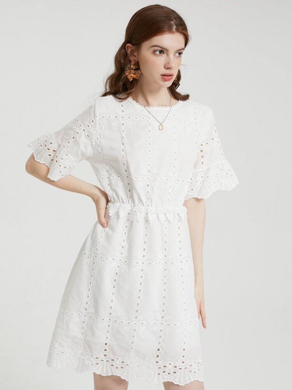 Floral Lace Embroidery Hollow Crew Neck Casual Dress
