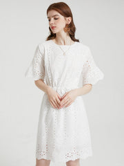 Floral Lace Embroidery Hollow Crew Neck Casual Dress