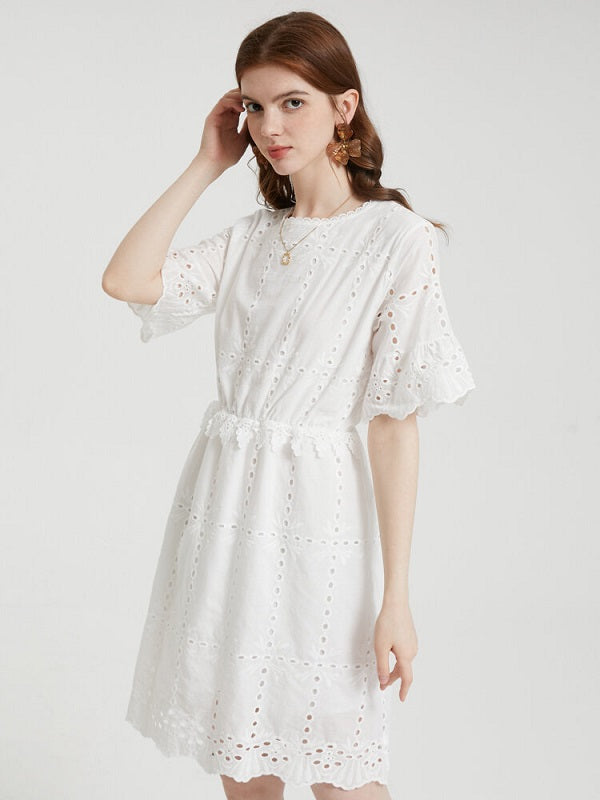Floral Lace Embroidery Hollow Crew Neck Casual Dress