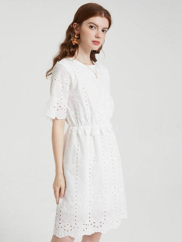 Floral Lace Embroidery Hollow Short Sleeve Casual Dress
