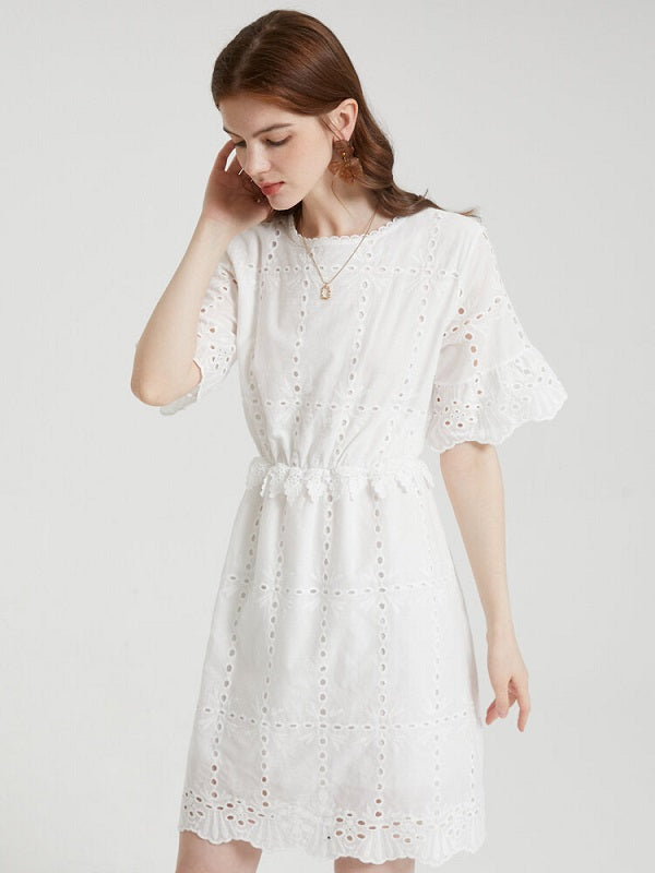 Floral Lace Embroidery Hollow Short Sleeve Casual Dress