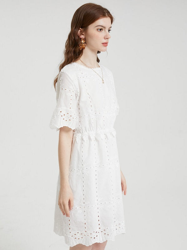 Floral Lace Embroidery Hollow Short Sleeve Casual Dress