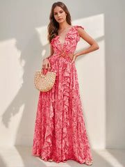 Floral Layered Ruffles Folklore V-Neck Sleeveless Front Slit Maxi Dresses