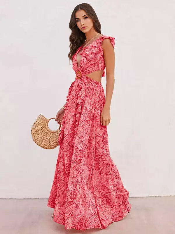 Floral Layered Ruffles Folklore V-Neck Sleeveless Front Slit Maxi Dresses