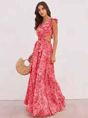 Floral Layered Ruffles Folklore V-Neck Sleeveless Front Slit Maxi Dresses