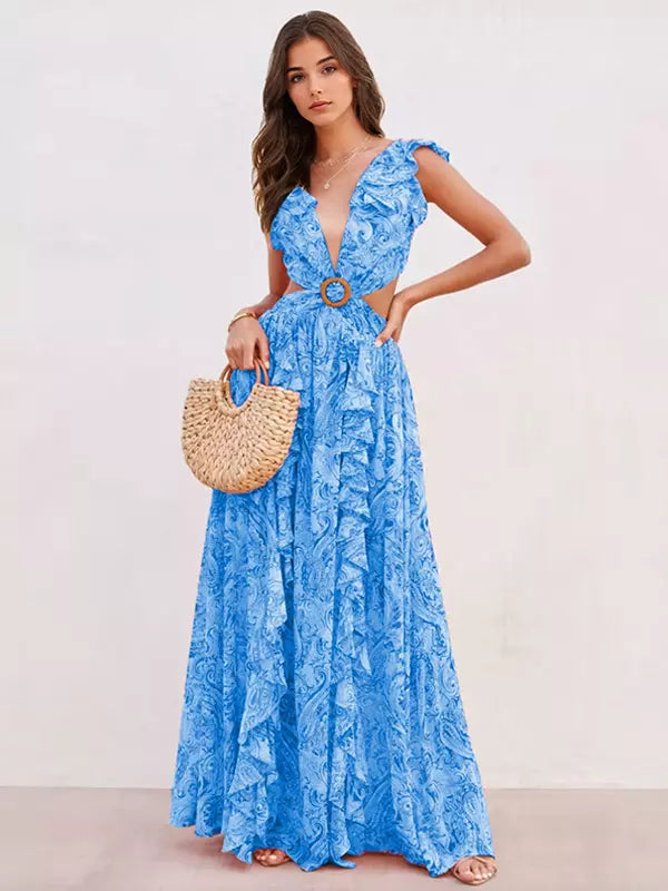 Floral Layered Ruffles Folklore V-Neck Sleeveless Front Slit Maxi Dresses