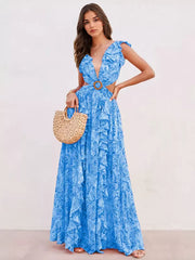 Floral Layered Ruffles Folklore V-Neck Sleeveless Front Slit Maxi Dresses