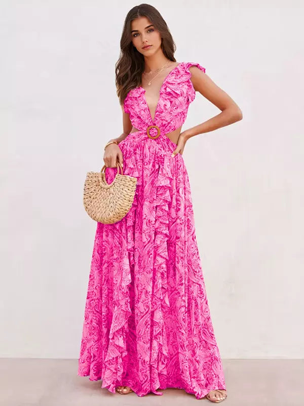 Floral Layered Ruffles Folklore V-Neck Sleeveless Front Slit Maxi Dresses