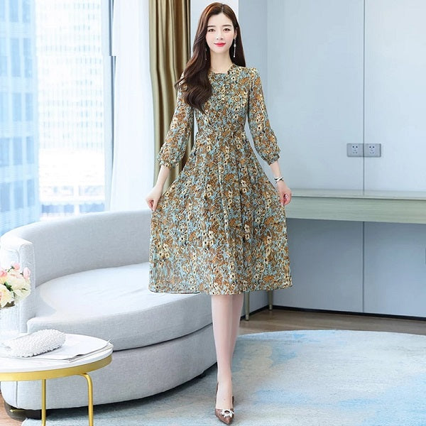 Floral Long Sleeve Midi Casual Dress