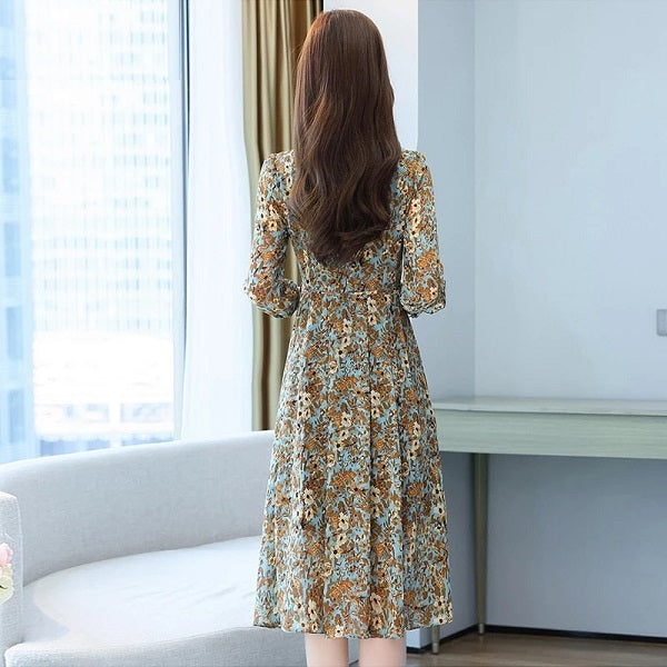 Floral Long Sleeve Midi Casual Dress