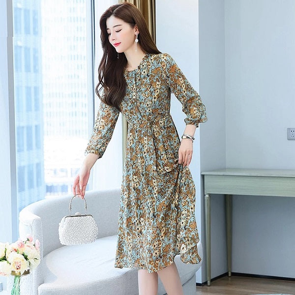 Floral Long Sleeve Midi Casual Dress