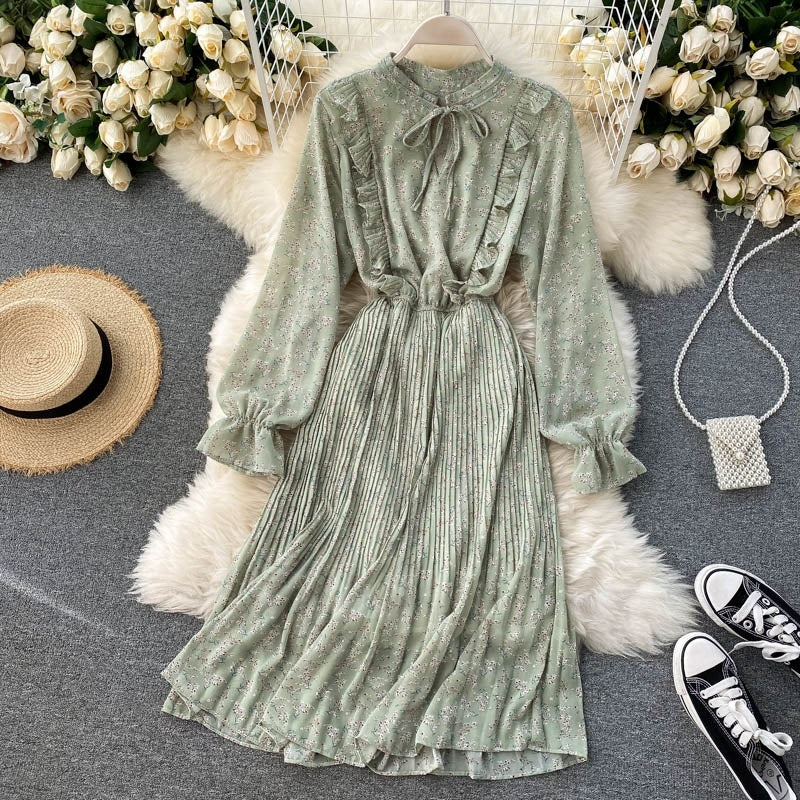 Floral Long Sleeve Stand Collar Elastic Waist A-line Print Pleated Midi Dress
