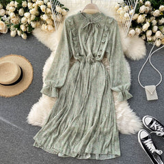 Floral Long Sleeve Stand Collar Elastic Waist A-line Print Pleated Midi Dress
