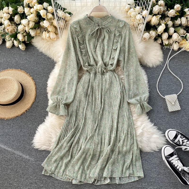 Floral Long Sleeve Stand Collar Elastic Waist A-line Print Pleated Midi Dress