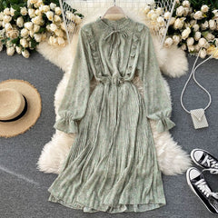 Floral Long Sleeve Stand Collar Elastic Waist A-line Print Pleated Midi Dress