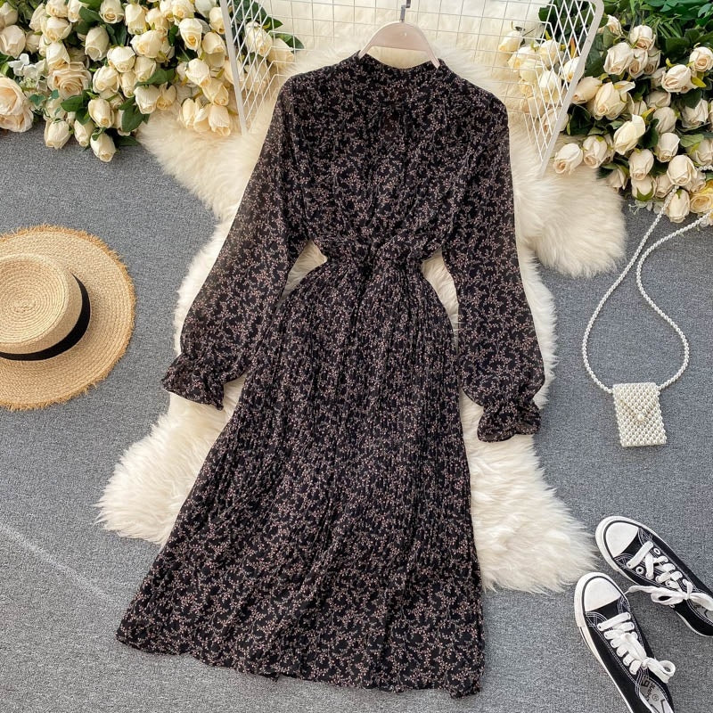 Floral Long Sleeve Stand Collar Elastic Waist A-line Print Pleated Midi Dress
