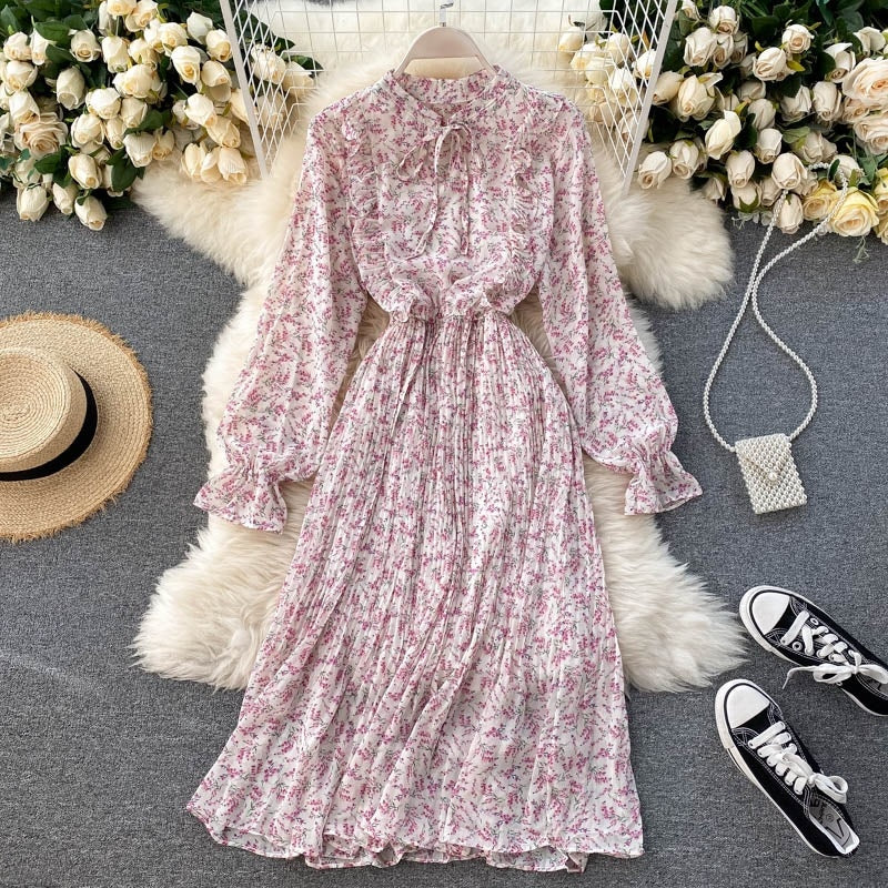 Floral Long Sleeve Stand Collar Elastic Waist A-line Print Pleated Midi Dress