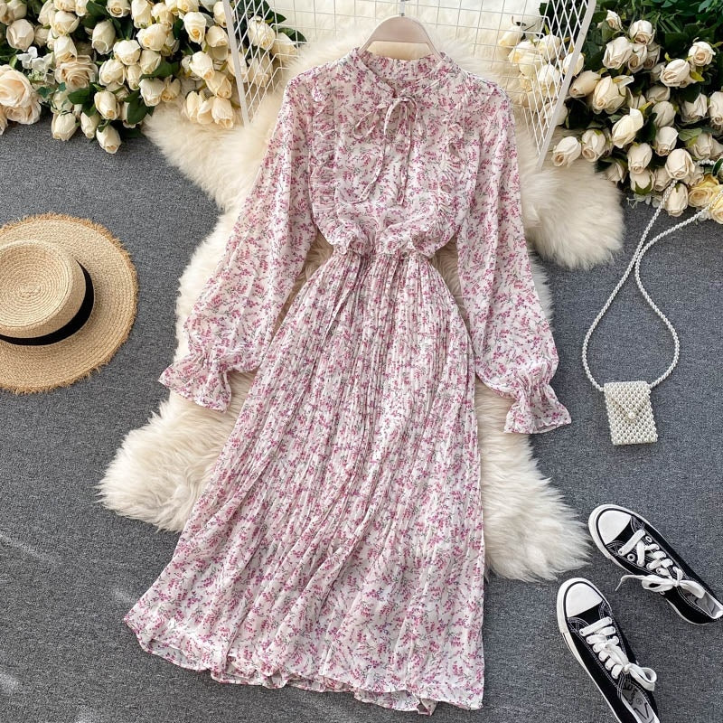 Floral Long Sleeve Stand Collar Elastic Waist A-line Print Pleated Midi Dress