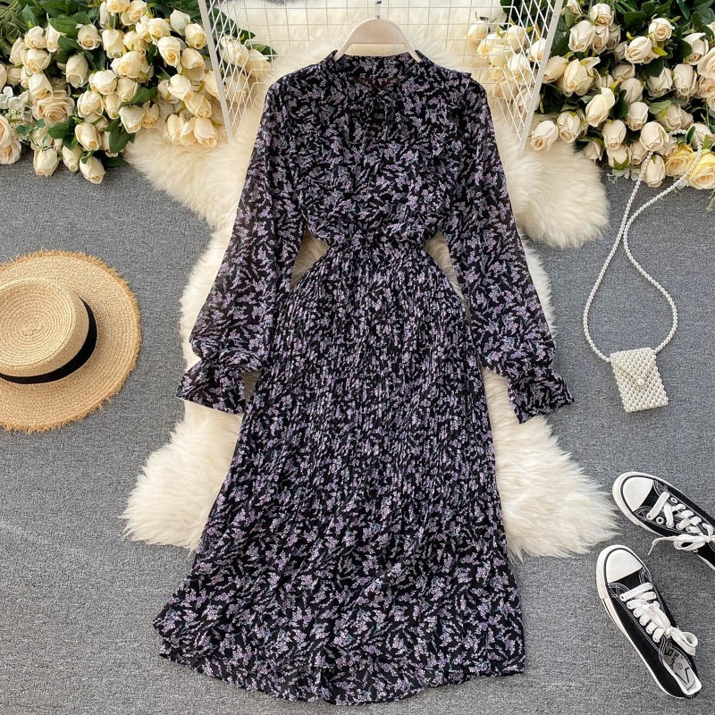 Floral Long Sleeve Stand Collar Elastic Waist A-line Print Pleated Midi Dress