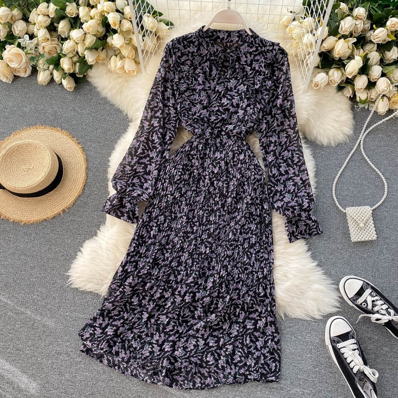 Floral Long Sleeve Stand Collar Elastic Waist A-line Print Pleated Midi Dress
