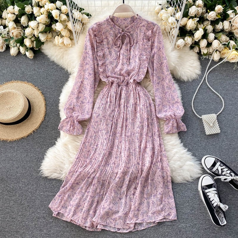 Floral Long Sleeve Stand Collar Elastic Waist A-line Print Pleated Midi Dress