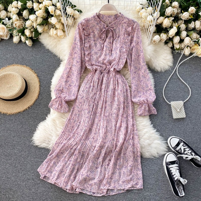 Floral Long Sleeve Stand Collar Elastic Waist A-line Print Pleated Midi Dress