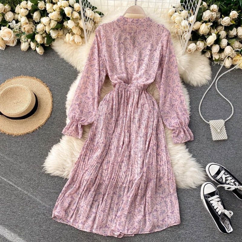 Floral Long Sleeve Stand Collar Elastic Waist A-line Print Pleated Midi Dress