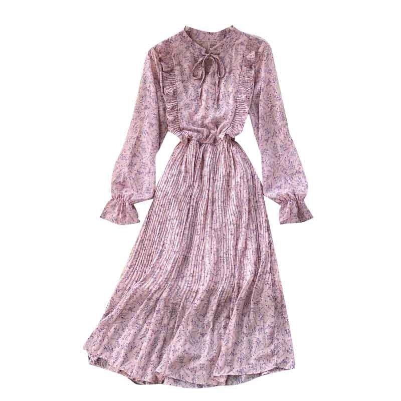 Floral Long Sleeve Stand Collar Elastic Waist A-line Print Pleated Midi Dress