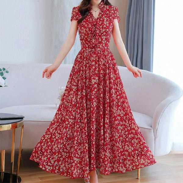 Floral Max Short Sleeve Casual Chiffon Dress