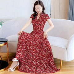 Floral Max Short Sleeve Casual Chiffon Dress